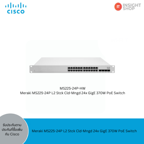 Meraki MS225-24P L2 Stck Cld-Mngd 24x GigE 370W PoE Switch